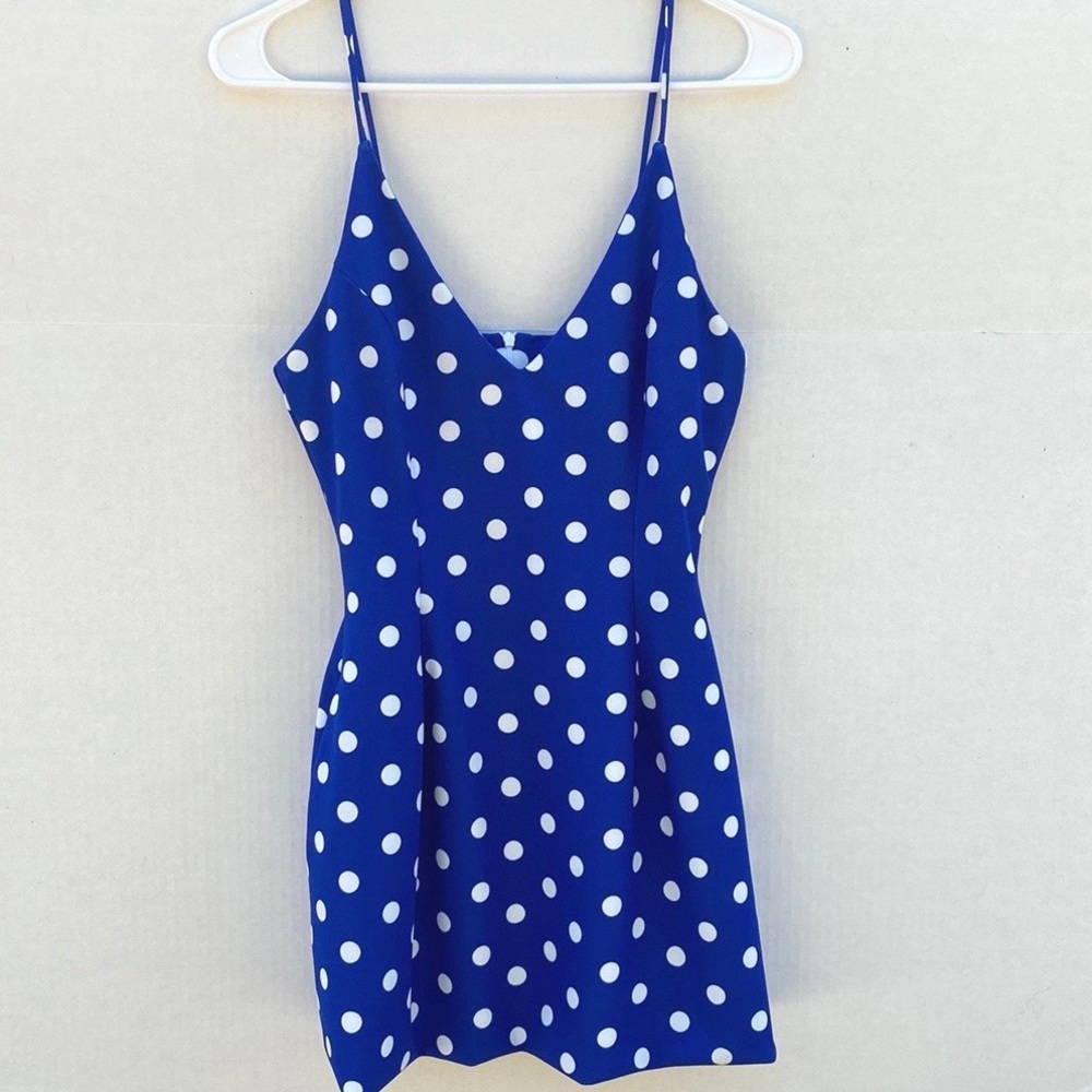Lorette Womens large sleeveless fit and flare blue polka dot dress